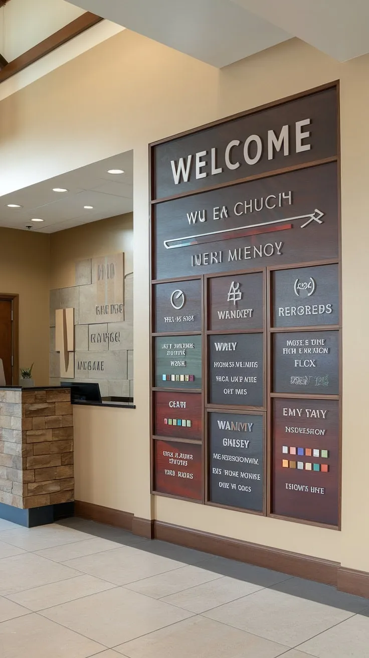 This church welcome center's design is a testament to thoughtful church lobby design. The expansive church information wall serves as a central hub, providing easy access to information about the church's various ministries and activities. The neutral beige walls and tiled floor create a calm and inviting ambiance within this entry comm center, making it a truly functional and welcoming multi-purpose building. This space offers excellent church foyer ideas for creating a positive first impression.