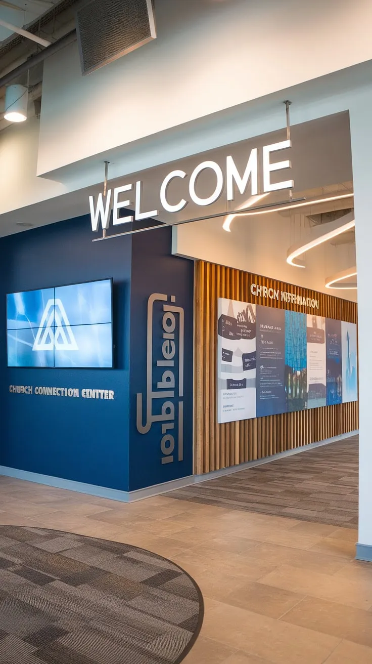 Step into our welcoming Entry Comm Center, where the Church Connection Center's large screen and informative Church Information Wall guide you, complemented by thoughtful Church Lobby Design and Church Foyer ideas within this multi-purpose building.