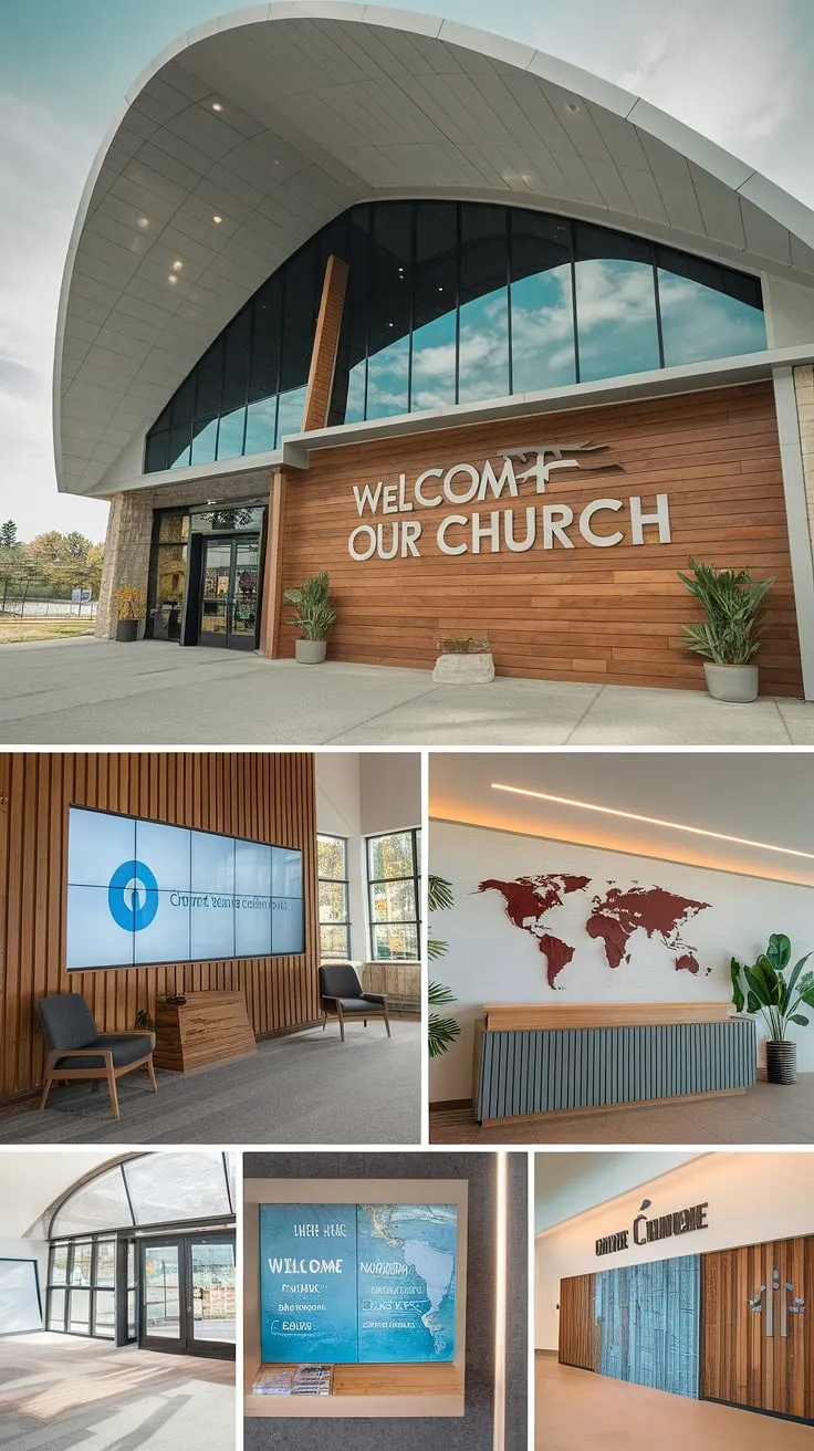 This multi-purpose building seamlessly blends modern architecture with a welcoming atmosphere. The entry comm center's warm wooden wall, inscribed with "Welcome to our Church," sets the tone. Inside, the church connection center boasts a large screen showcasing the church logo, while the church lobby design offers comfortable seating amidst potted plants. A detailed church information wall, featuring a world map and local area guides, ensures visitors feel informed. The church welcome center, complete with a reception desk and welcoming greenery, and the thoughtfully designed church foyer ideas with additional seating and plants, create a space that is both functional and inviting.
