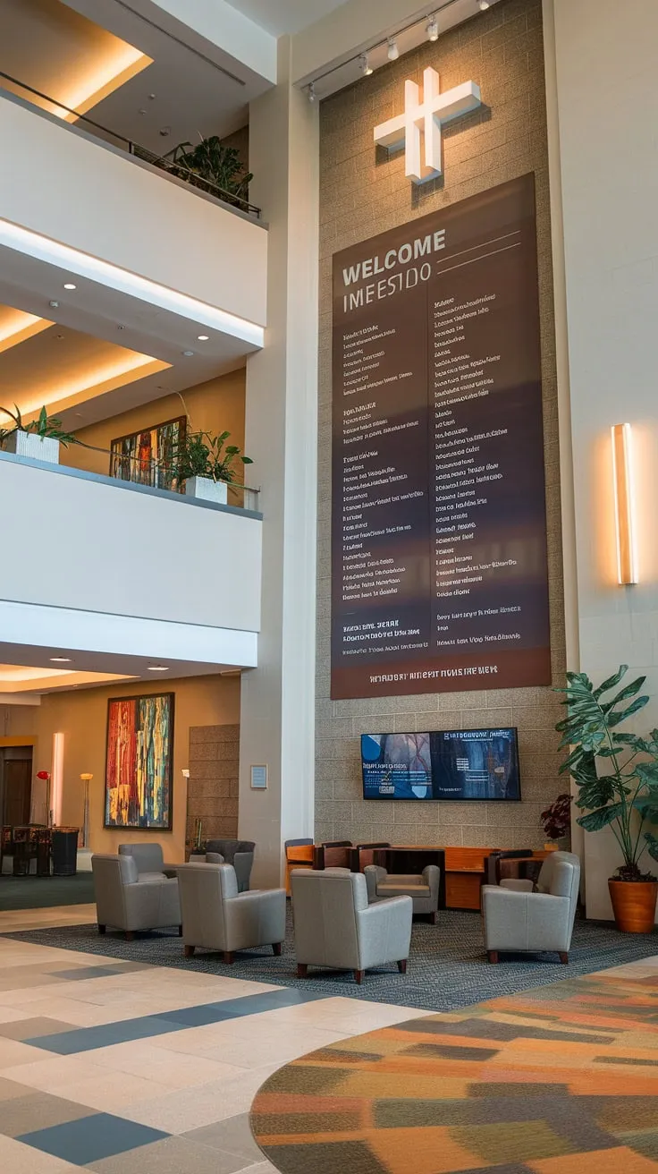 More than just a church lobby design, our Entry Comm Center is a vibrant hub of connection. The church information wall and welcoming seating area within this multi-purpose building create a truly inviting church welcome center. Discover inspiring church foyer ideas and experience the heart of our church connection center.