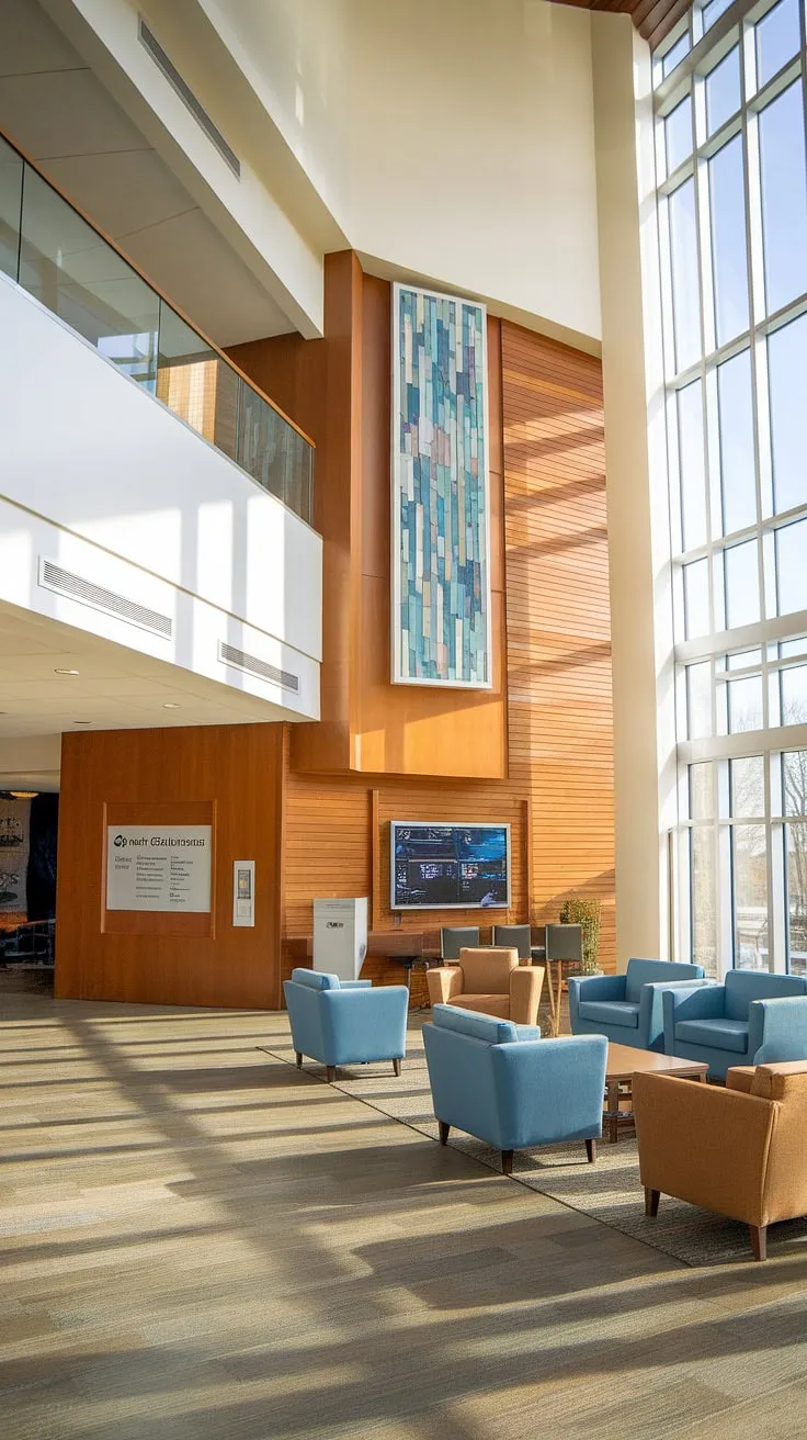 A thoughtfully designed Entry Comm Center welcomes all. This multi-purpose building boasts a stunning church lobby design, complete with a Church Connection Center, Church Welcome Center, and a practical Church Information Wall. Note the inviting church foyer ideas: comfortable seating, natural light, and rich wood accents.