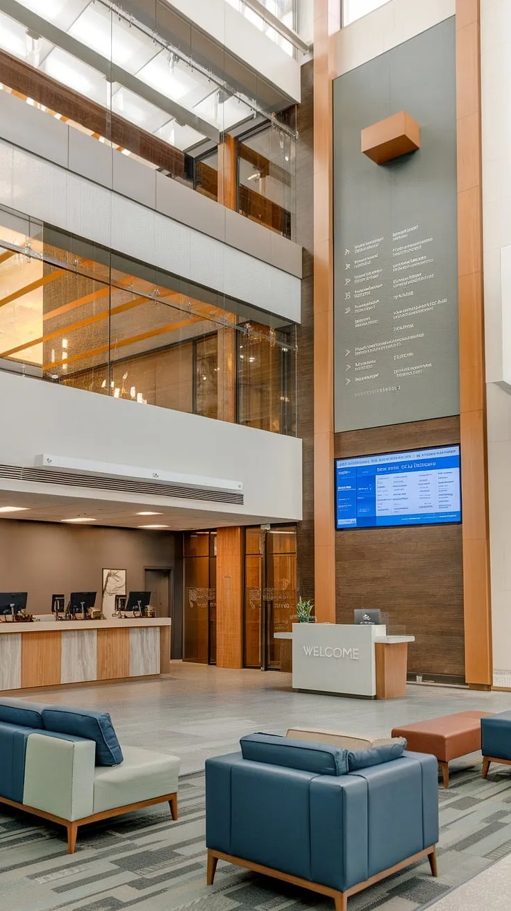 This multi-purpose building seamlessly blends modern design with welcoming functionality. The glass entry leads into a thoughtfully designed church lobby, featuring comfortable seating and a church welcome center with a friendly welcome desk. Adjacent is a church connection center equipped with computers, perfect for engaging with the community. A striking church information wall, complete with a large screen displaying church details, enhances the overall experience. This exemplifies innovative church foyer ideas and effective entry comm center design.