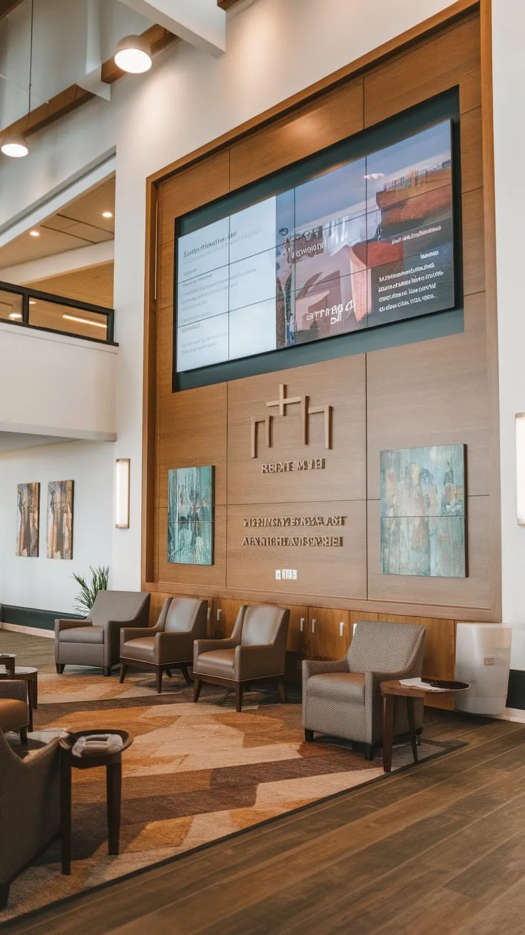 Step into the warm embrace of this modern church entry comm center, a thoughtfully designed church welcome center that seamlessly blends functionality with aesthetic appeal. The church lobby design features a large information screen, comfortable seating, and an inviting church information wall, all contributing to a welcoming atmosphere within this multi-purpose building. This church connection center offers a perfect example of innovative church foyer ideas.