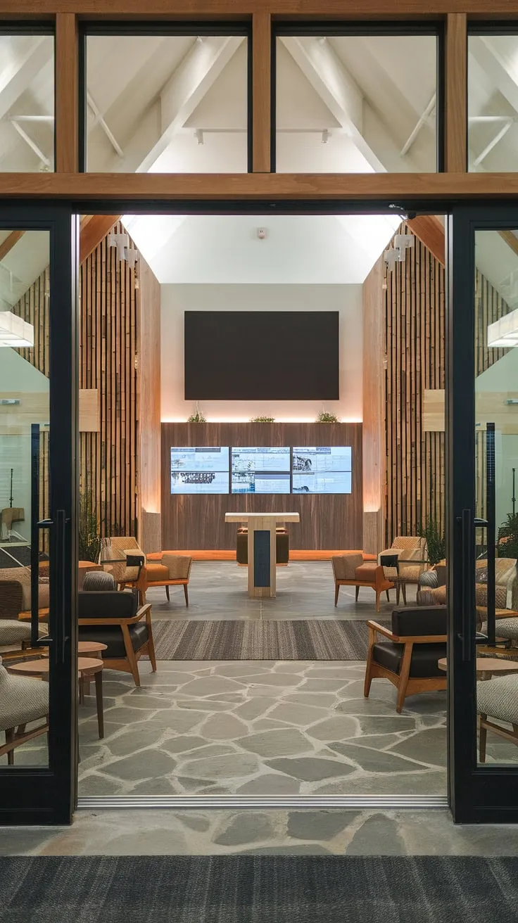 Modern design meets spiritual warmth in this entry comm center. This multi-purpose building boasts a stunning church lobby design, complete with a church information wall, comfortable seating, and a welcoming church connection center—perfect church foyer ideas for connecting with your community.