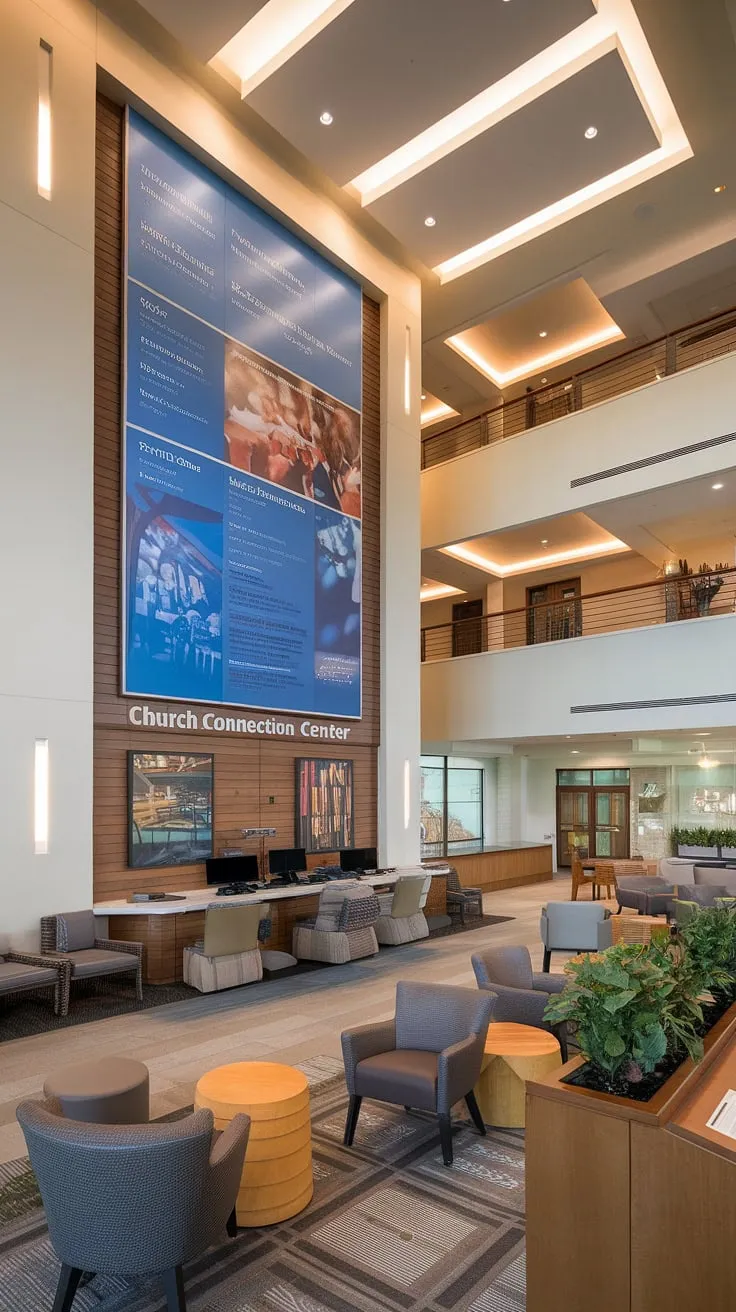 Our new multi-purpose building boasts a stunning church lobby design, perfect for connecting with our community. The entry comm center seamlessly flows into a comfortable church foyer, featuring inviting seating areas and lush greenery. A dedicated church connection center offers computer access and printing services, while a large church information wall keeps everyone informed. These church foyer ideas create a warm and welcoming church welcome center for all.