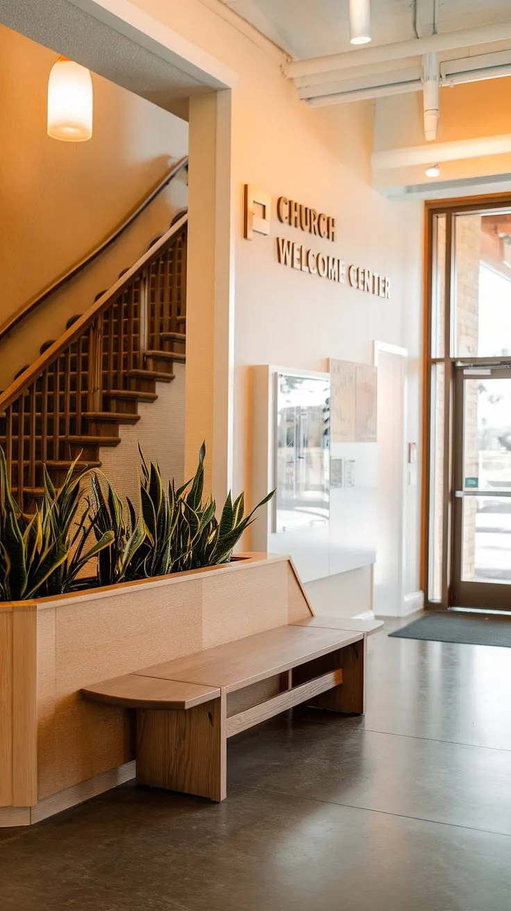 This multi-purpose building boasts a beautifully designed church lobby, functioning as a welcoming church welcome center and efficient entry comm center. The church foyer ideas are evident in the warm lighting, comfortable wooden bench, and strategically placed plant. A church information wall keeps visitors informed, while the background staircase and door hint at the building's larger scope. This space serves as a central church connection center, a testament to thoughtful church lobby design.