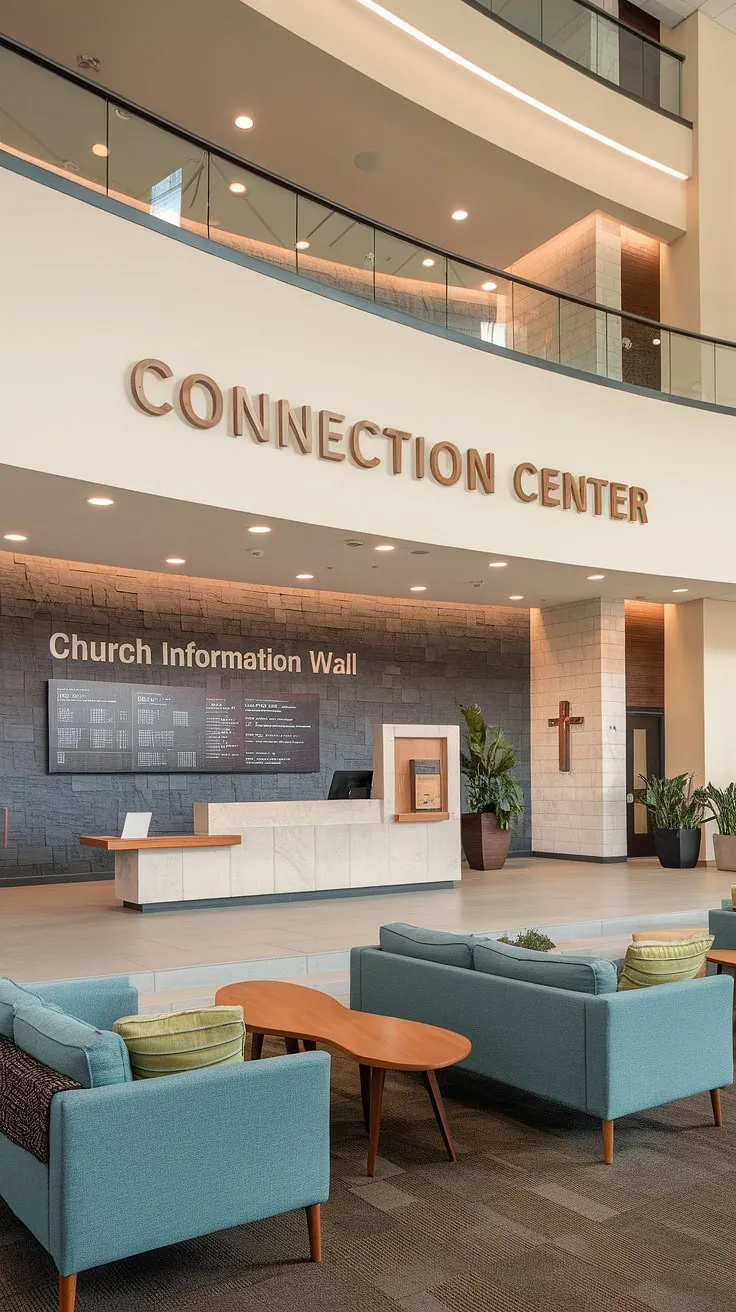 A stunning church lobby design featuring a functional entry comm center. This church connection center's multi-purpose building offers a warm welcome with a church information wall, church welcome center, and inviting church foyer ideas, creating a truly comfortable space.