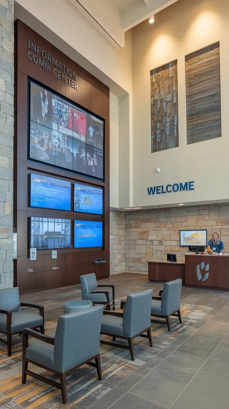More than just a church lobby, our Entry Comm Center—a church connection center—provides a warm welcome and easy access to information via our impressive church information wall. The thoughtful church foyer ideas and multi-purpose building design create a comfortable and inviting space for all.