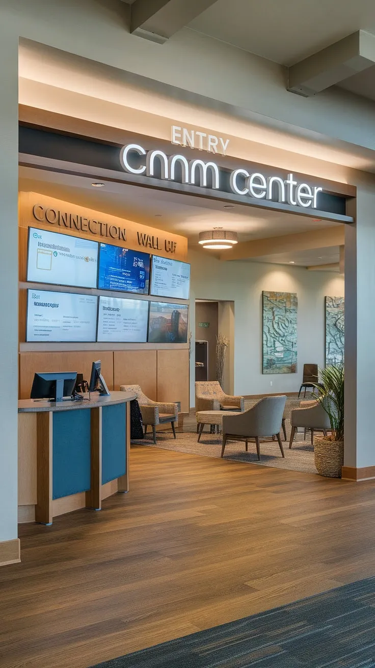 This church welcome center's entry comm center is more than just a lobby; it's a thoughtfully designed space. The church information wall provides easy access to vital details, while the inviting seating area fosters community. A stunning example of church lobby design and practical church foyer ideas within a multi-purpose building.