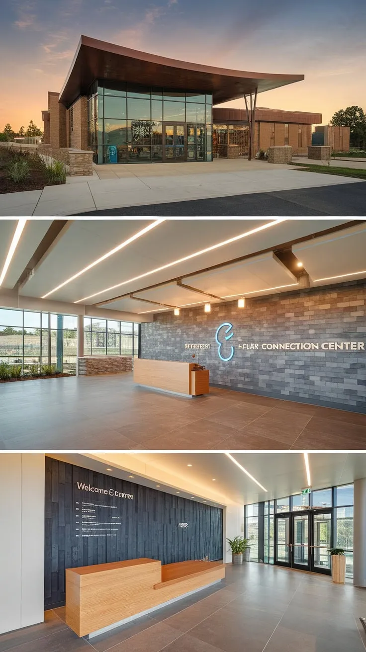 Step into a welcoming sanctuary: This multi-purpose building boasts a thoughtfully designed church lobby, featuring an efficient entry comm center, a dedicated church connection center, and a helpful church information wall. Explore innovative church foyer ideas in this modern space.