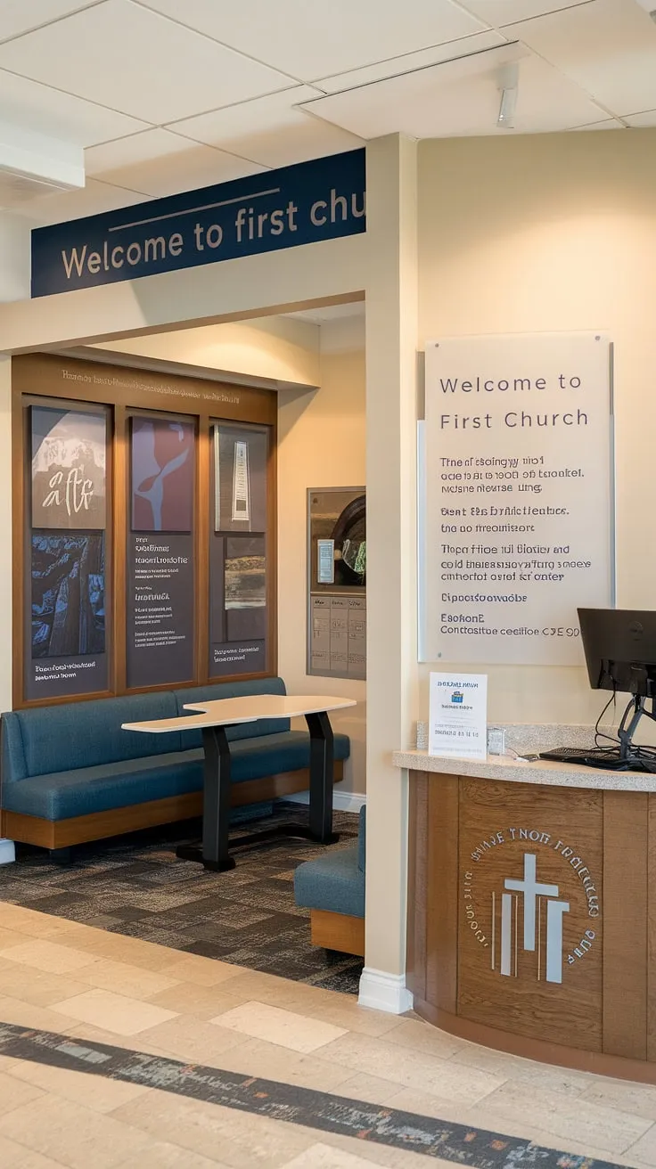 The warm and inviting church lobby design of First Church's entry comm center immediately puts visitors at ease. A cozy church welcome center with a comfortable couch and table invites conversation, while the nearby church connection center provides a helpful resource. The church information wall, showcasing the church's history and beliefs, is a key element of this multi-purpose building's thoughtful design. Consider this a prime example of creative church foyer ideas.