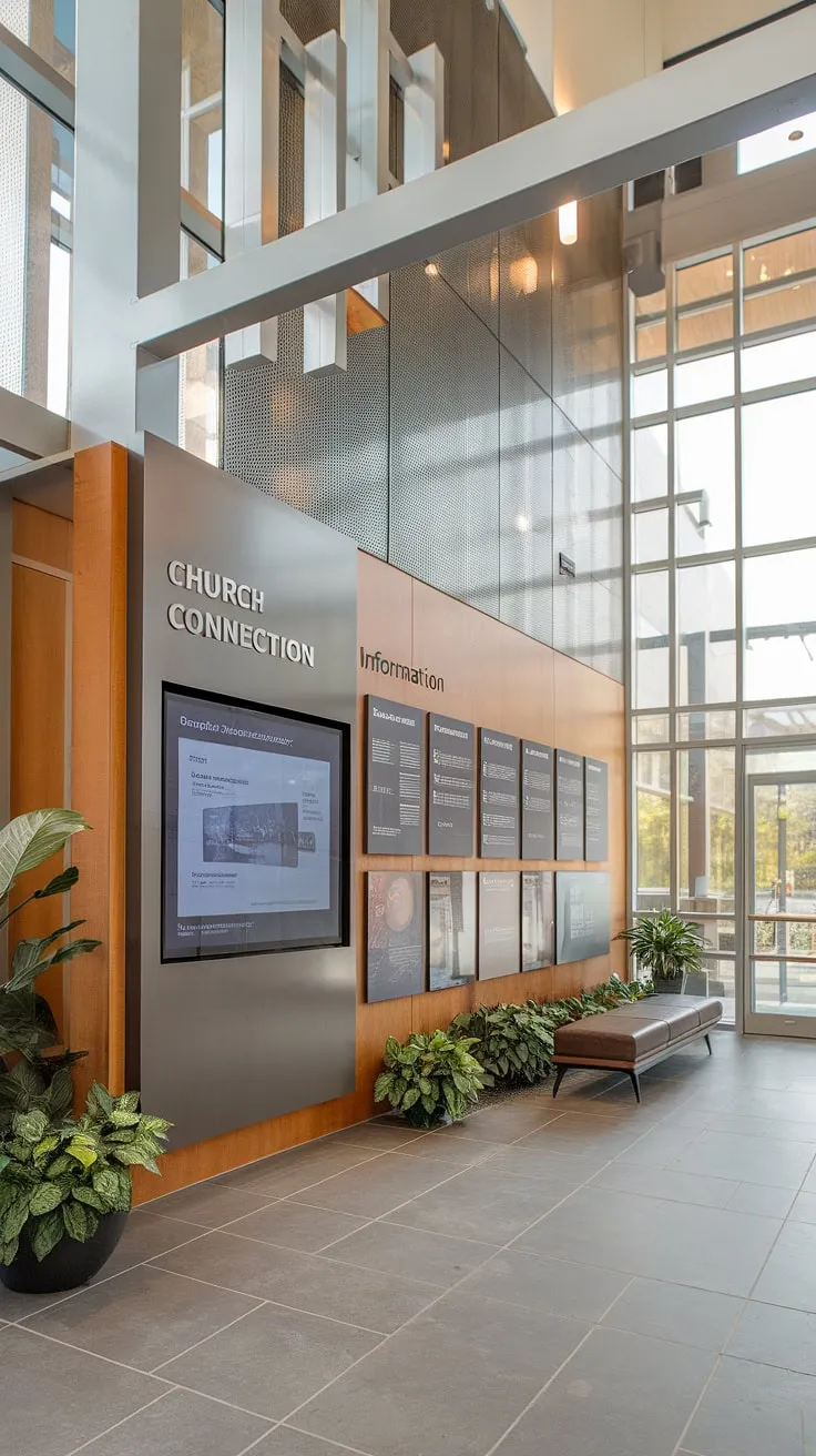 A welcoming blend of modern design and spiritual warmth. This entry comm center, featuring a church connection center and impressive church information wall, sets the tone for a vibrant church experience. The church lobby design seamlessly connects to the multi-purpose building, offering a thoughtful church welcome center and showcasing innovative church foyer ideas.