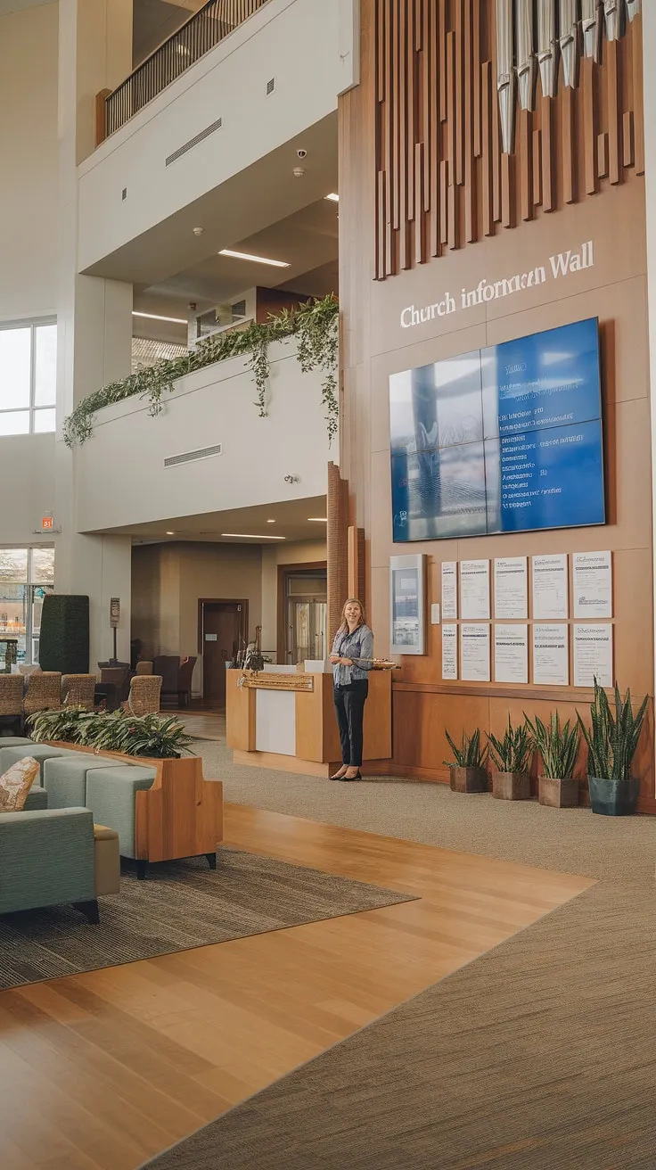 Modern church foyer ideas meet seamless functionality in our Entry Comm Center. This church welcome center, housed within a multi-purpose building, boasts a stunning church lobby design and a comprehensive church information wall with digital displays, ensuring a smooth and informative entry experience.