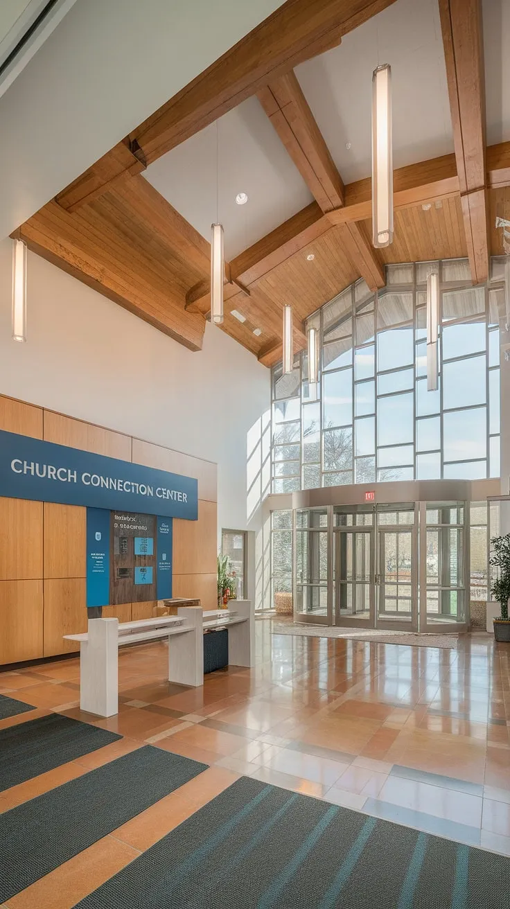 Step inside this inviting multi-purpose building, where the thoughtfully designed church lobby features a welcoming church welcome center and a comprehensive church information wall. The entry comm center seamlessly integrates with the church connection center, offering a warm and informative space for visitors. This church foyer exemplifies innovative church foyer ideas.