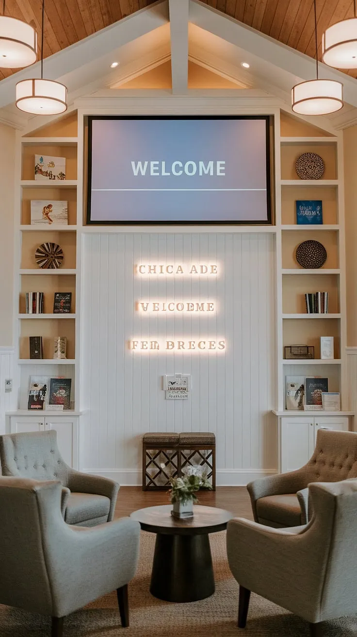 Step into warmth and connection at our inviting Entry Comm Center. This multi-purpose building boasts a thoughtfully designed church lobby, complete with a church information wall, comfortable seating, and a welcoming church connection center. Church foyer ideas brought to life.