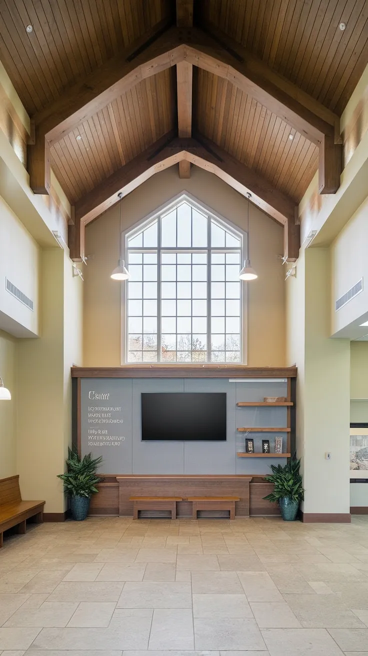 The soaring wooden beams and expansive window of this church foyer create a welcoming atmosphere, showcasing excellent church lobby design. This multi-purpose building's entry comm center seamlessly integrates a church connection center and church welcome center, with a thoughtfully designed church information wall featuring a large screen and ample shelving. The space offers a comfortable seating area and incorporates natural elements for a tranquil feel, providing inspiring church foyer ideas.