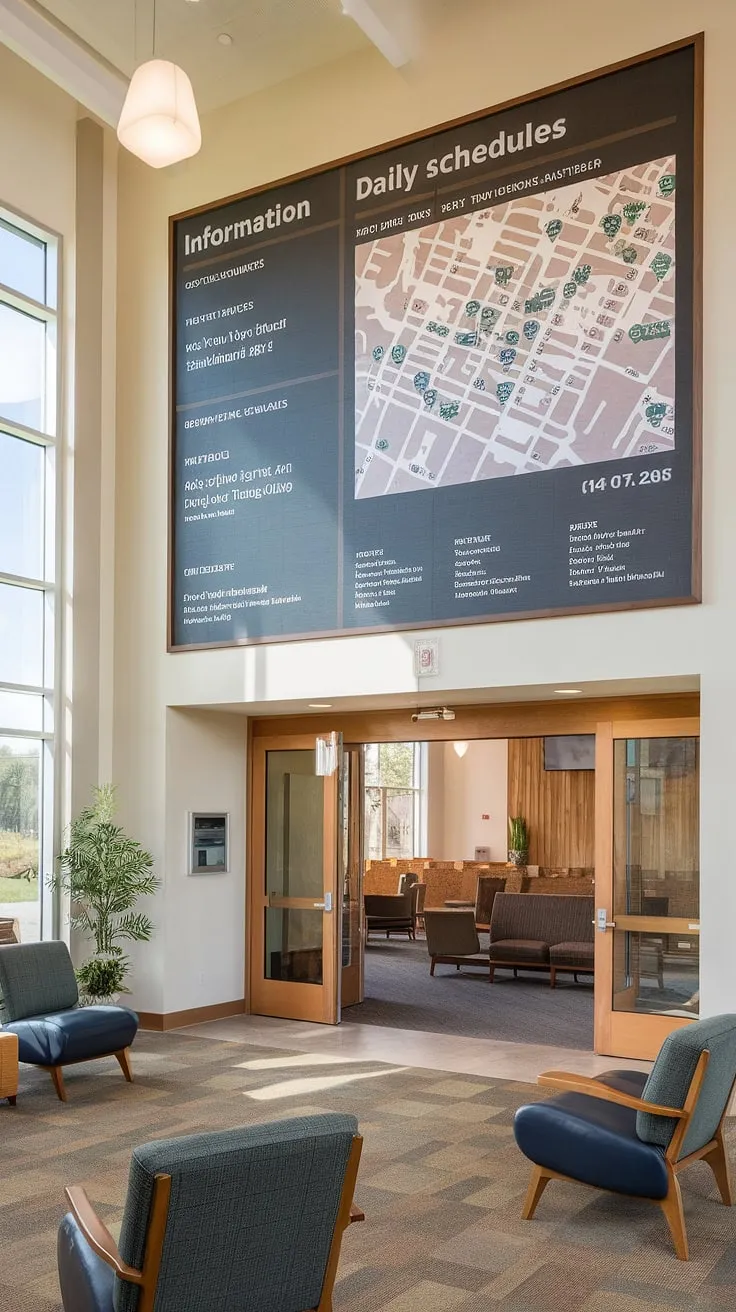 This inviting church foyer, a prime example of church lobby design, seamlessly blends functionality with warmth. The thoughtfully designed church information wall, a key component of the entry comm center, displays daily schedules, maps, and announcements, ensuring easy navigation and connection. A few comfortable chairs and a touch of greenery create a welcoming atmosphere within this multi-purpose building, acting as a church welcome center and church connection center. The design offers practical church foyer ideas for fostering community.