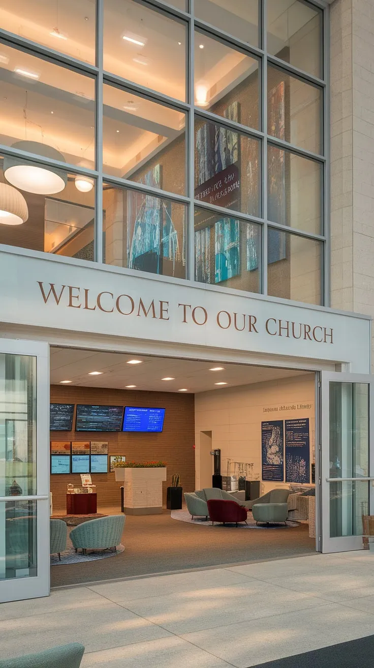 Step into a welcoming space where community thrives. Our multi-purpose building features a thoughtfully designed entry comm center, complete with a church connection center, comfortable church lobby design, and a church information wall brimming with details. Church foyer ideas brought to life.