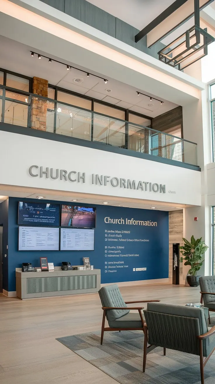 Modern church foyer ideas meet functionality in this multi-purpose building. The entry comm center, complete with a church connection center and informative screens, seamlessly blends into a welcoming church lobby design, featuring a dedicated church information wall.