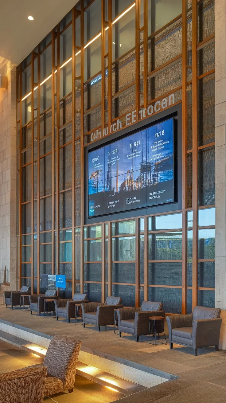 Warm, inviting light streams into this modern church entry comm center, showcasing a sleek church information wall with a digital display of upcoming events. Comfortable seating areas invite connection within this thoughtfully designed church lobby, a true church welcome center and multi-purpose building, offering a seamless blend of functionality and aesthetic appeal. This church connection center exemplifies innovative church foyer ideas.