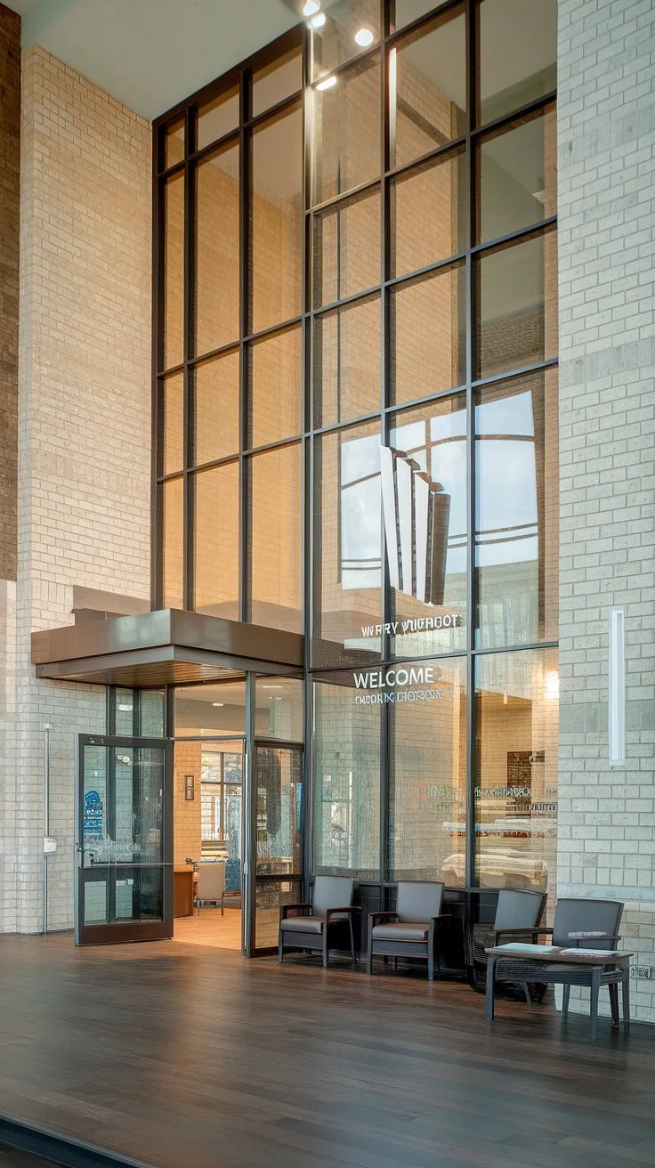 Step into tranquility. This church foyer, showcasing innovative church foyer ideas, features a thoughtfully designed entry comm center and church welcome center. The stunning church information wall within this multi-purpose building creates a warm and informative church connection center experience.