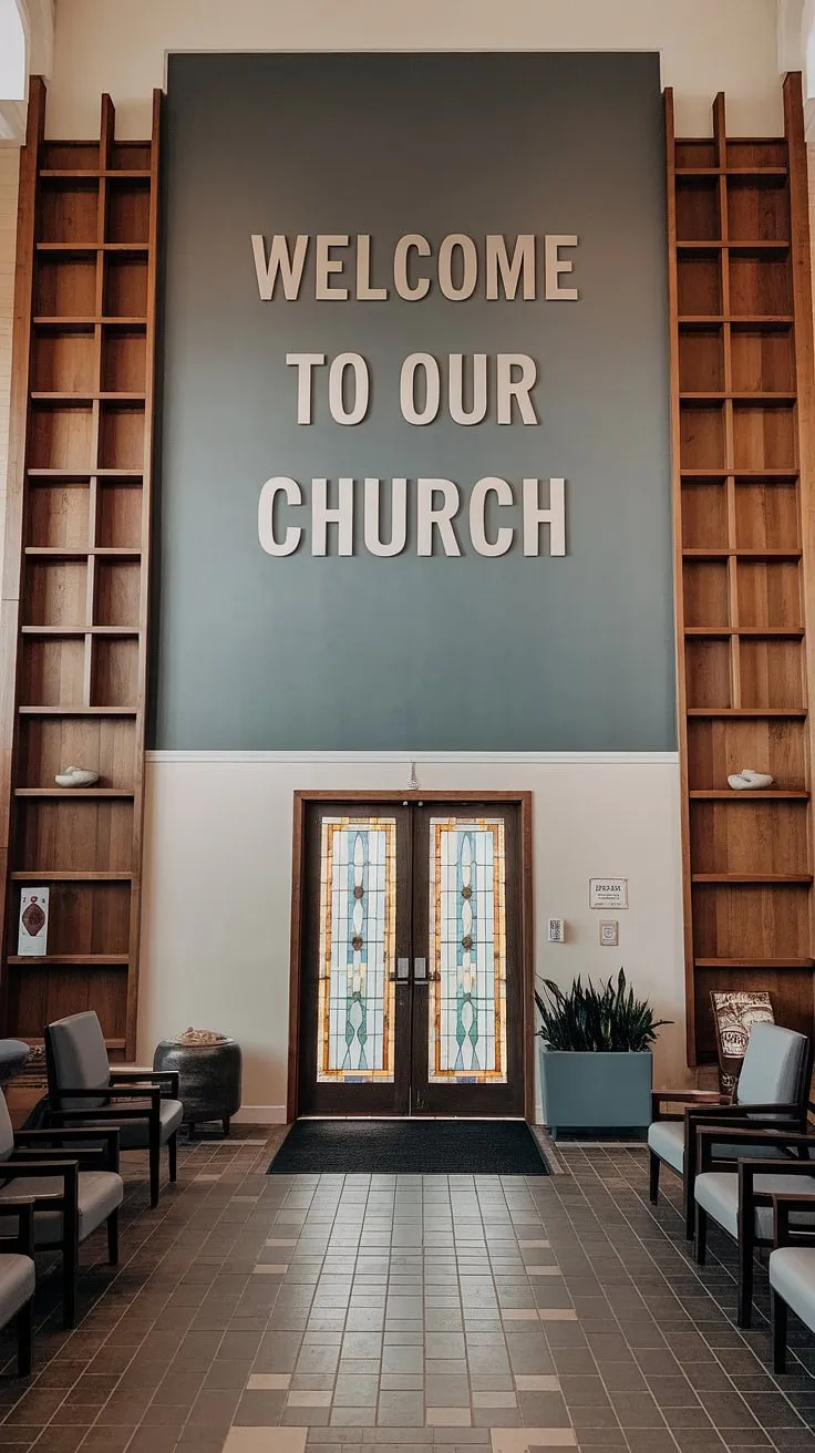 Step into our inviting entry comm center, where contemporary church lobby design meets spiritual warmth. The church information wall and comfortable seating create a welcoming church welcome center, perfect for connection and reflection within our multi-purpose building. Explore our church foyer ideas.