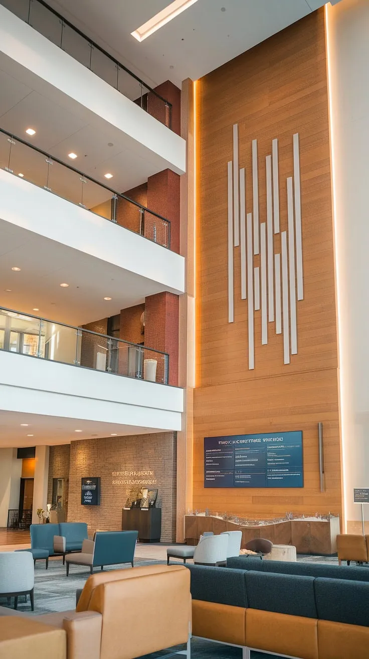 Step into warmth and community at our Entry Comm Center. This multi-purpose building boasts a welcoming church lobby design, complete with a church information wall, church connection center, and church welcome center, offering comfortable church foyer ideas for all.