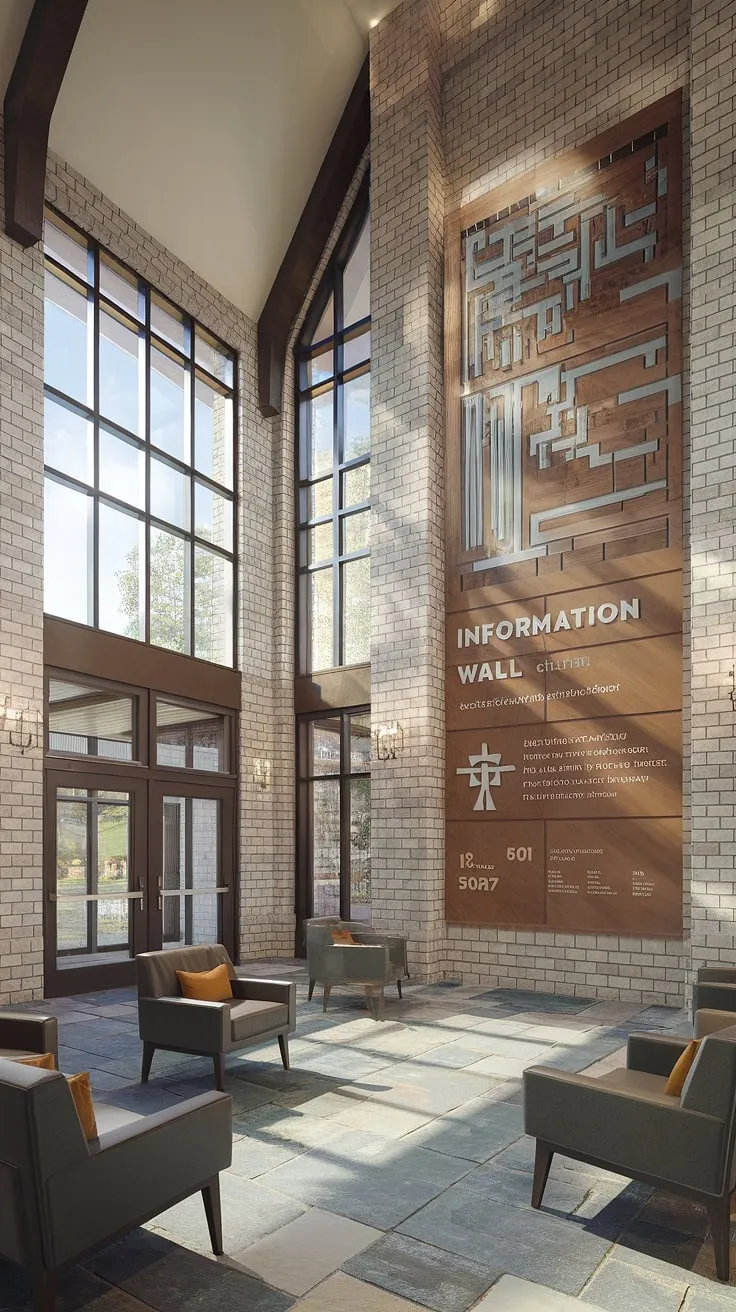 This stunning church foyer ideas exemplifies a modern church lobby design. The spacious entry comm center, part of a larger multi-purpose building, is flooded with natural light. A strategically placed church information wall provides essential details, making it a truly effective church connection center and church welcome center. The simple yet elegant furnishings and stone flooring create a warm and inviting atmosphere.