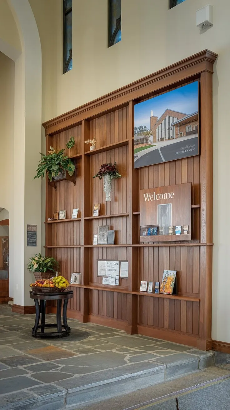 Step into tranquility and connection at this church welcome center. The entry comm center's church information wall, a stunning example of church lobby design, effortlessly guides visitors through the multi-purpose building. Explore the inspiring church foyer ideas that create a sense of belonging.