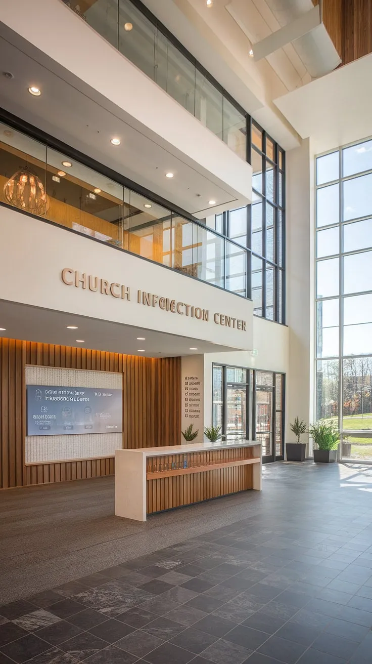 Step into a vibrant community hub: Our entry comm center is the heart of this multi-purpose building, connecting visitors to the church connection center, church information wall, and welcoming church welcome center. Explore inspiring church lobby design and church foyer ideas.