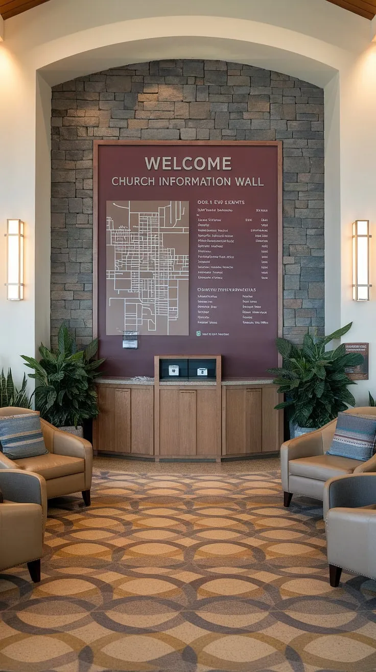 Step into our welcoming Entry Comm Center, a thoughtfully designed church lobby showcasing a church information wall, comfortable seating, and a vibrant atmosphere. This multi-purpose building offers a seamless blend of church connection center and church welcome center functionality, reflecting innovative church foyer ideas.