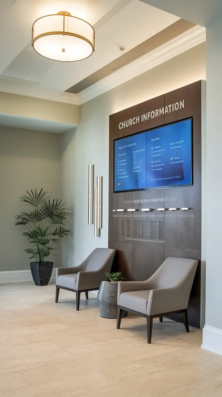 Modern and inviting, this church welcome center's entry comm center features a digital schedule and comfortable seating, creating a warm and informative church connection center. Explore fresh church foyer ideas in this multi-purpose building.