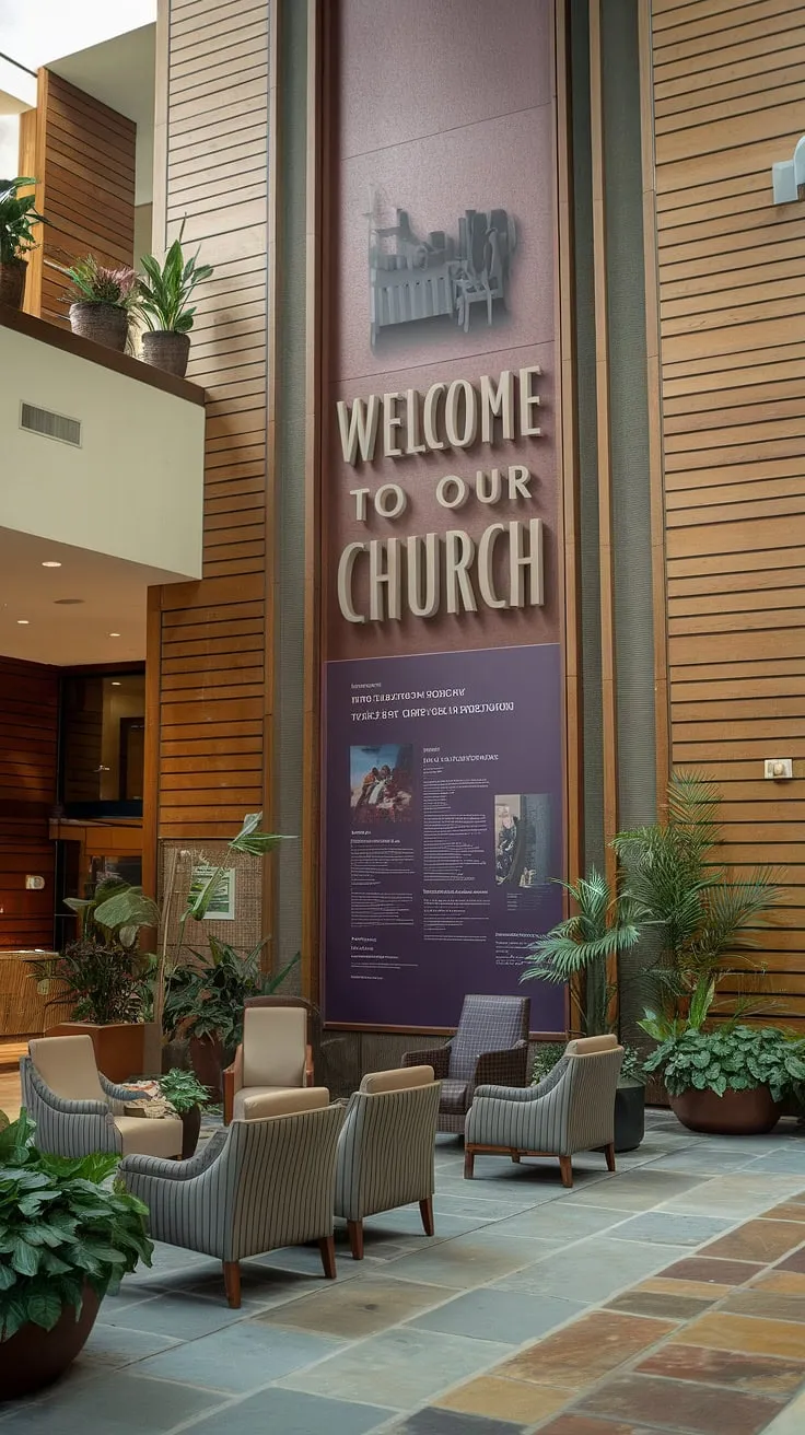 More than just a church lobby design, our Entry Comm Center—a church connection center and church welcome center—offers a multi-purpose building space for connection and community. Explore our church information wall and find your place in our welcoming church foyer ideas.