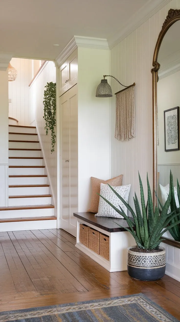 Step into serenity: This bungalow entry hall, a perfect blend of style and function, showcases clever home entrance ideas with an entryway storage bench and small entryway closet, maximizing space in this small entrance with stairs. The foyer entryway welcomes you with warmth.