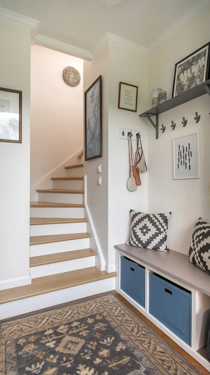 Step into this charming new build bungalow, where a thoughtfully designed foyer entryway welcomes you. The small entrance with stairs leads upstairs, while the entry hall features clever home entrance ideas, including an entryway storage bench and a small entryway closet, maximizing space in this bungalow entry hall. A patterned rug and framed pictures add personality.