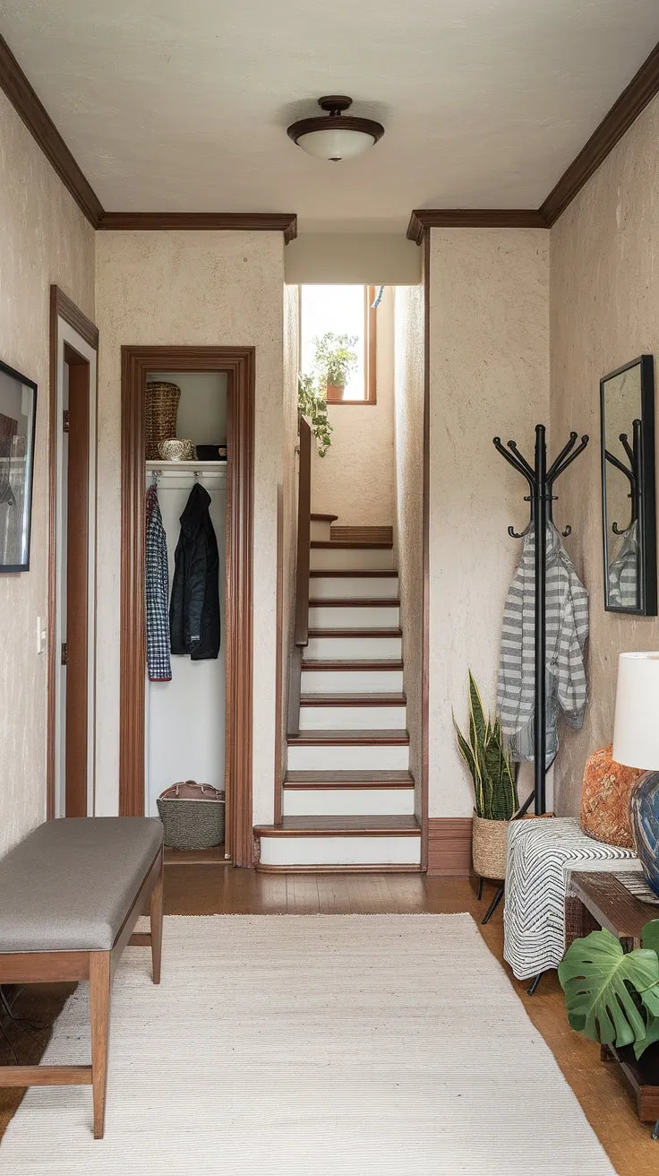 Cozy and practical, this foyer entryway in a new build bungalow boasts a thoughtful design. The small entrance with stairs is elegantly furnished with an entryway storage bench and small entryway closet, offering smart solutions for this bungalow entry hall and house entrance.