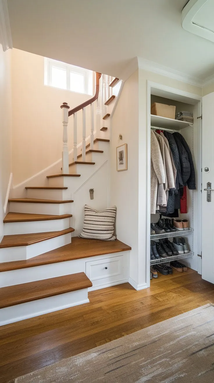 This new build entryway boasts a charming bungalow entry hall, demonstrating that even small spaces can be stylish and functional. The light wood floors and bright lighting enhance the feeling of spaciousness. A thoughtfully placed entryway storage bench sits at the base of the stairs, while a small entryway closet provides additional storage. This small entrance with stairs offers a perfect example of home entrance ideas for maximizing space and style in a foyer entryway.