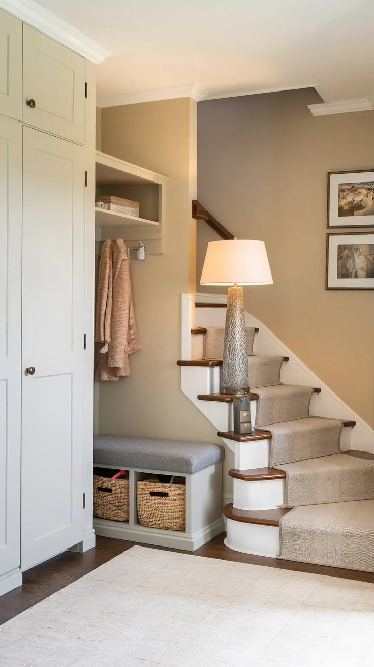 Light and airy, this foyer entryway welcomes you home. The small entry hall in this new build bungalow showcases smart storage solutions with an entryway storage bench and small entryway closet, perfect for a house entrance that's both functional and beautiful.