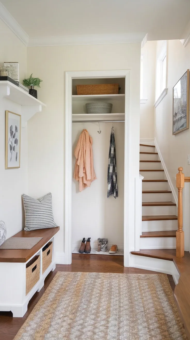 Sunlight streams into this bright and welcoming new build entryway, showcasing clever home entrance ideas in a small space. The bungalow entry hall features an entryway storage bench, a small entryway closet, and stairs leading upstairs, maximizing functionality in this charming foyer entryway. The design proves that even a small entrance with stairs can be both stylish and practical.