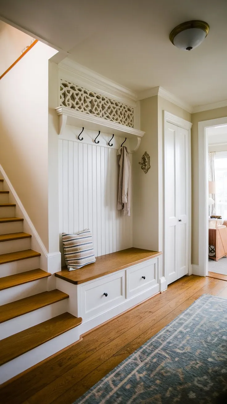This small entrance with stairs in a new build bungalow boasts a surprisingly spacious feel thanks to smart design. The entry hall features a practical entryway storage bench and small entryway closet, maximizing storage in this compact house entrance. The warm wooden floors and subtle decorative details make this foyer entryway a welcoming addition to the home, offering inspiration for bungalow entry hall design.