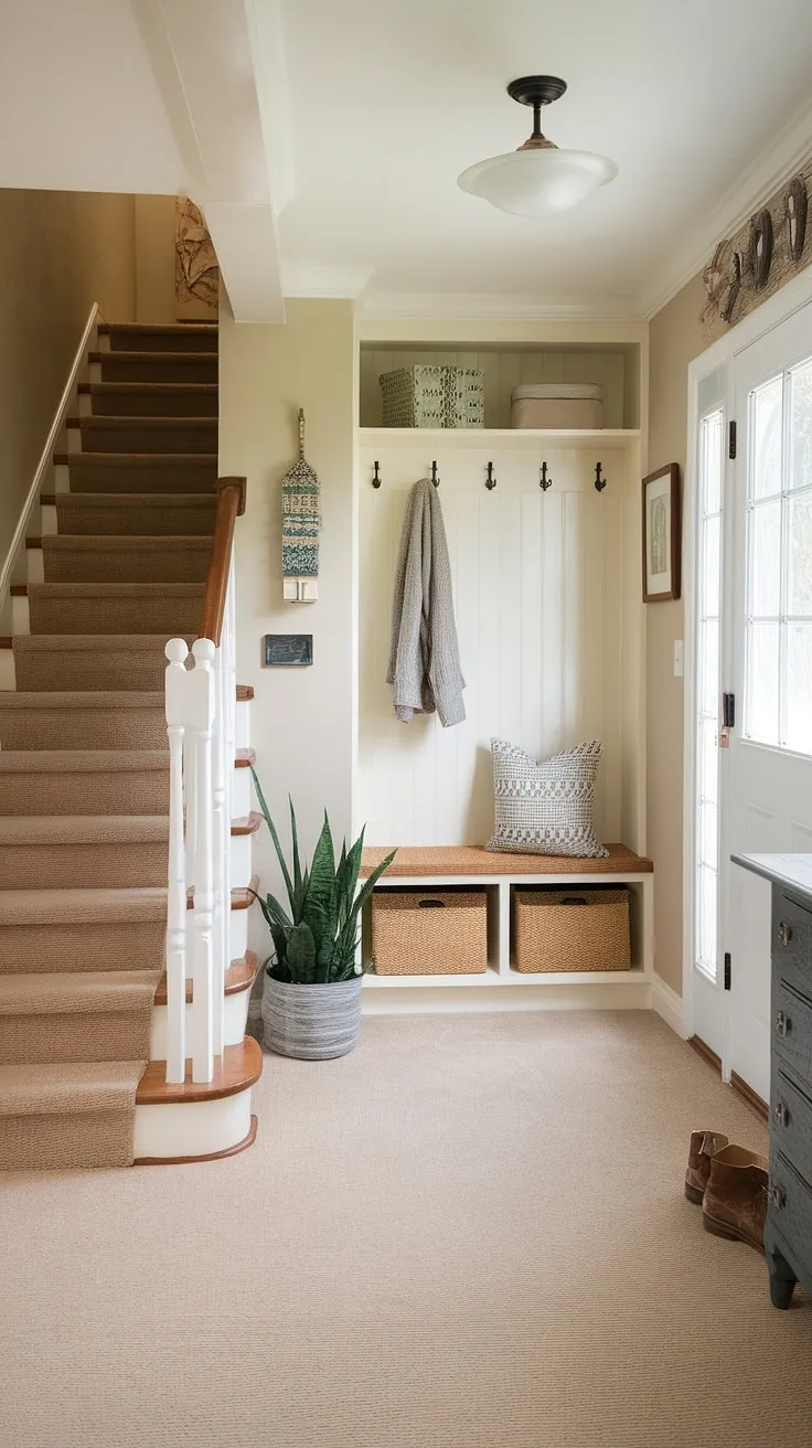 Step into serenity: This bungalow entry hall, with its clever entryway storage bench and small entryway closet, maximizes space in this new build entryway. A perfect example of home entrance ideas for a small entrance with stairs.