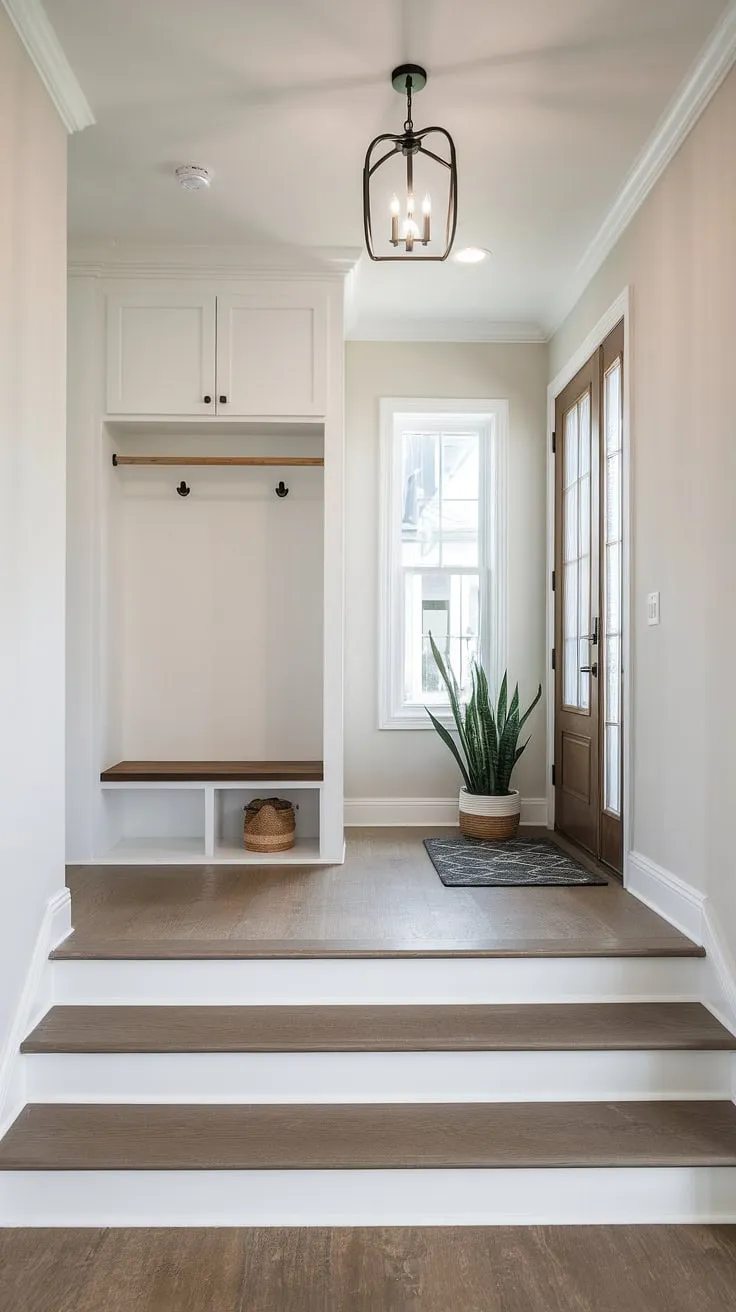 Step into serenity: This new build entryway, a charming bungalow entry hall, boasts clever storage solutions with an entryway storage bench and small entryway closet, making the most of this small entrance with stairs. A perfect example of home entrance ideas for a welcoming foyer entryway.