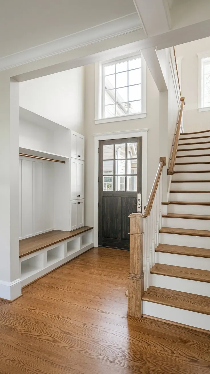 Sunlight streams into this bright new build entryway, showcasing smart storage solutions in a small space. The entry hall's design offers both style and functionality, perfect for bungalow entry hall ideas.