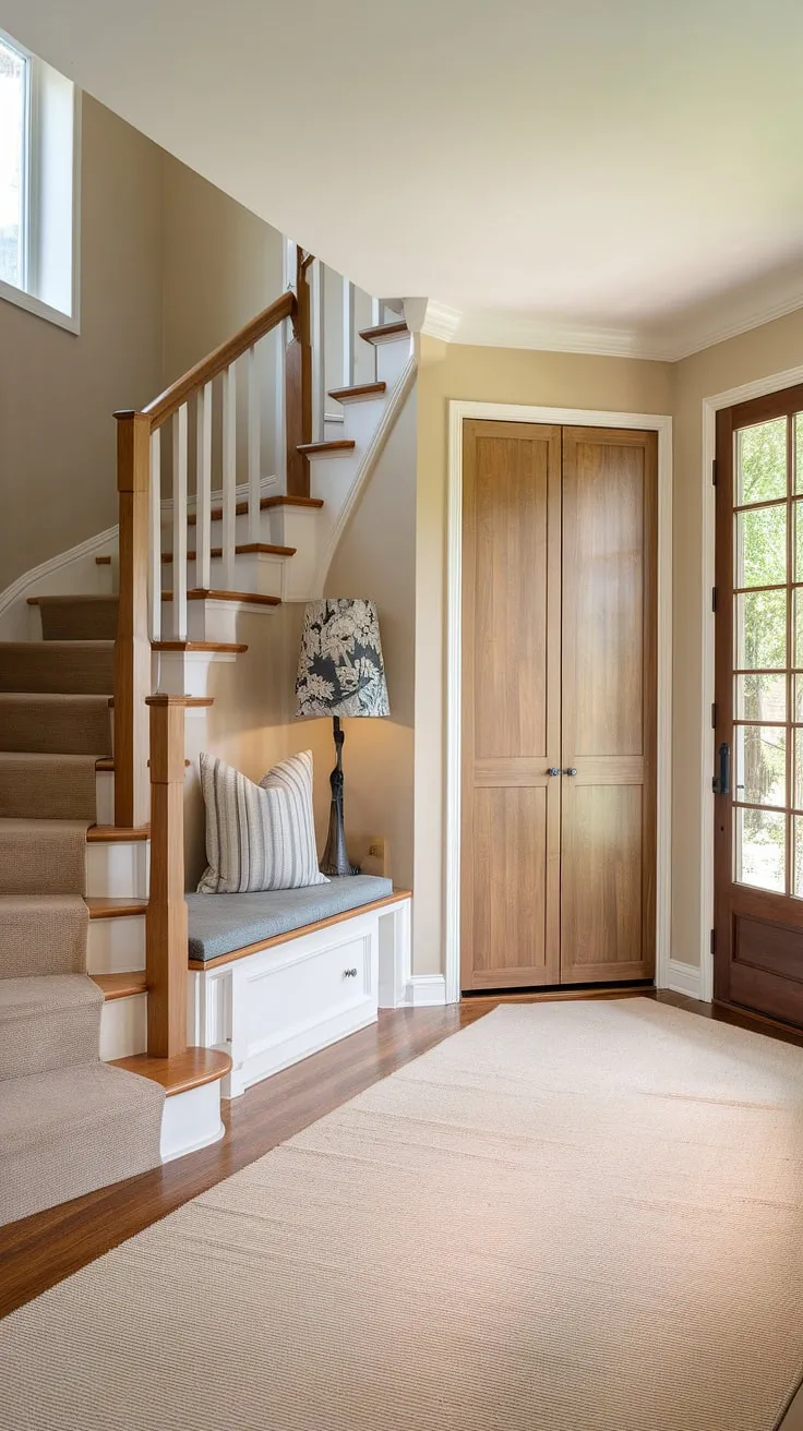 Step into serenity: This bungalow's entry hall, a perfect blend of function and style, showcases clever home entrance ideas with an entryway storage bench and small entryway closet, maximizing space in this small entrance with stairs. The new build entryway is a welcoming foyer entryway.
