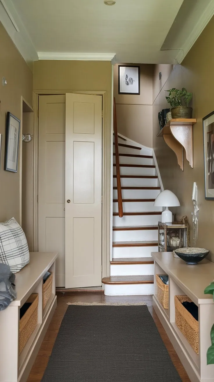Step into tranquility: This bungalow entry hall, a perfect blend of function and charm, showcases clever home entrance ideas with an entryway storage bench and small entryway closet, maximizing space in this small entrance with stairs. A new build entryway doesn't have to be grand; thoughtful design makes all the difference.