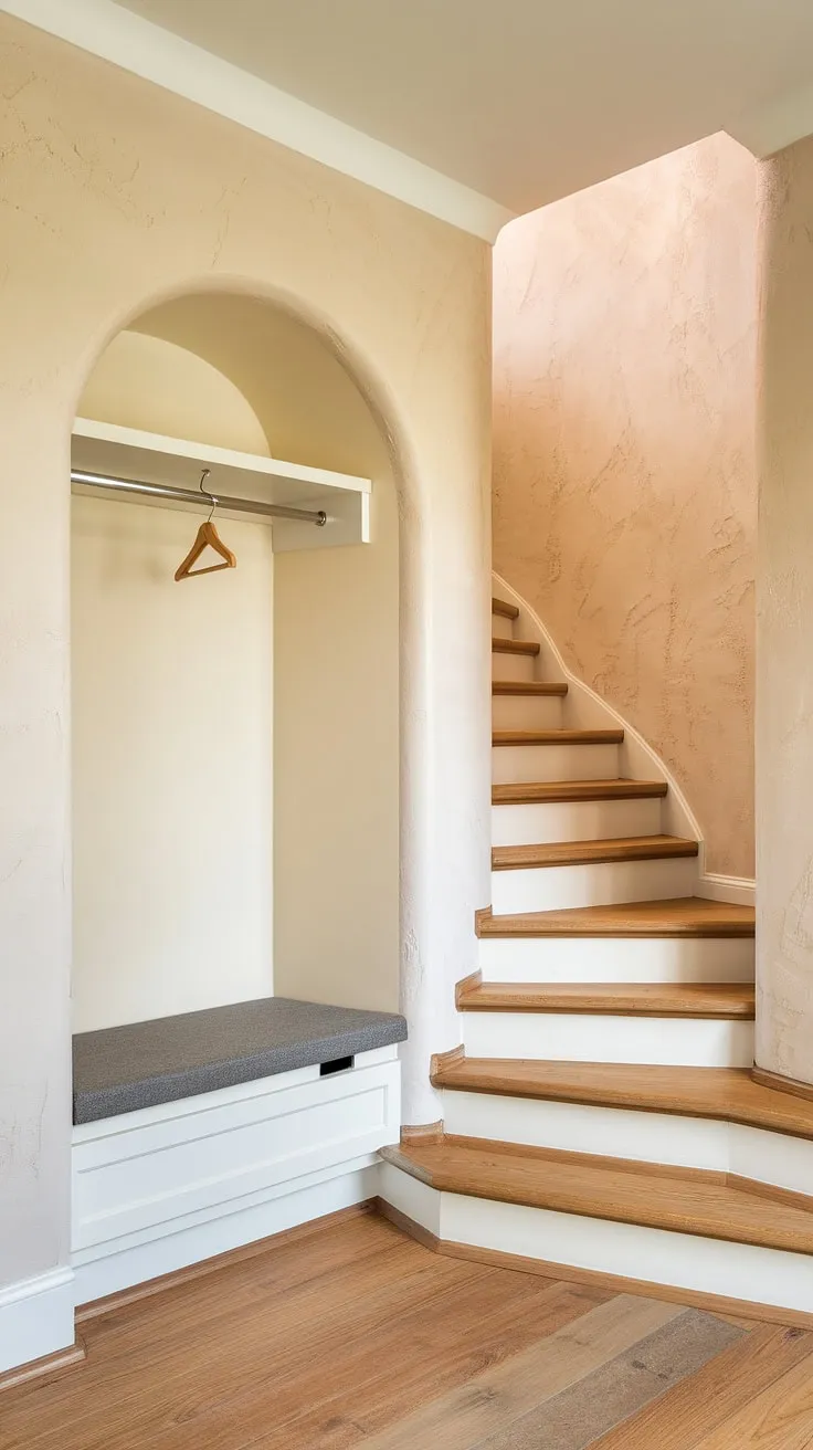 This new build entryway, a thoughtfully designed small entrance with stairs, features a cozy bungalow entry hall. The house entrance boasts a small entryway closet and a convenient entryway storage bench, all set against subtly textured beige walls and warm wood flooring. These practical elements make this foyer entryway a perfect example of smart home entrance ideas.