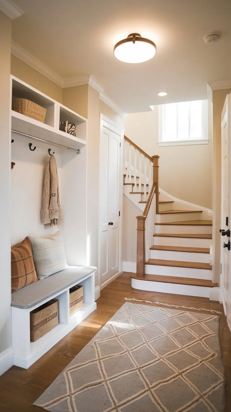 This new build bungalow boasts a charming entry hall, perfectly demonstrating how to create a functional and stylish foyer entryway in a small space. The entryway storage bench and small entryway closet offer ample storage solutions, while the hardwood floors and natural light create a welcoming atmosphere. This small entrance with stairs leads to the upper level, making it a practical and aesthetically pleasing house entrance. Consider this a prime example of home entrance ideas for a bungalow entry hall.