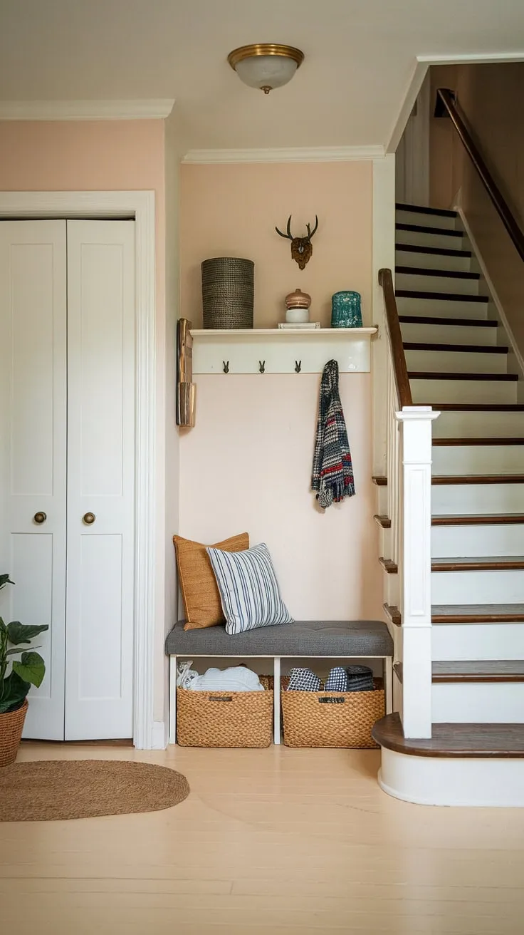 A cozy and functional foyer entryway welcomes you into this new build bungalow. The small entrance with stairs is cleverly designed, incorporating an entryway storage bench and a small entryway closet to optimize space. Simple wall decor complements the light wood floors, creating a warm and inviting house entrance. This bungalow entry hall offers inspiration for anyone seeking home entrance ideas in a compact space.