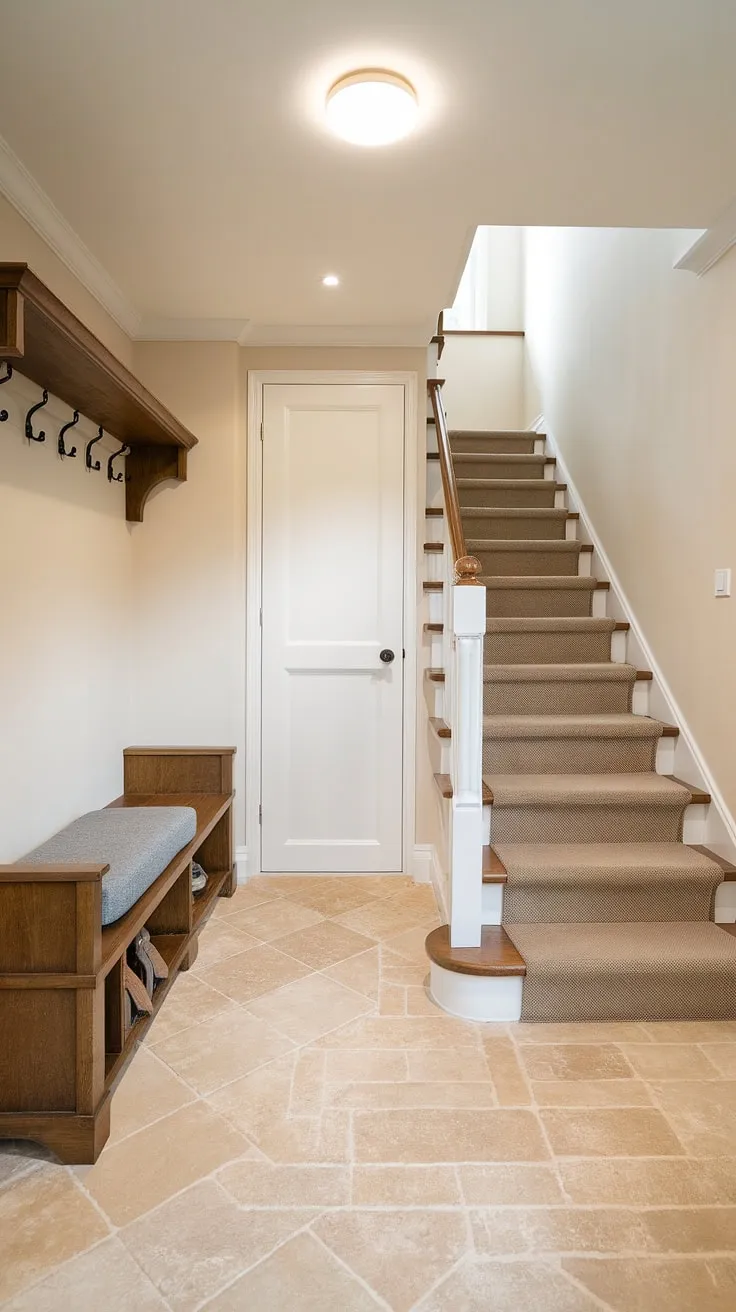 Light and airy, this foyer entryway welcomes you home. Smart home entrance ideas shine in this small entry hall, showcasing a practical entryway storage bench and discreet closet within the new build bungalow's design.