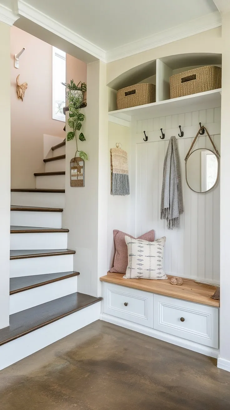 Step into serenity: This new build entryway, a perfect blend of style and function, showcases smart storage solutions in a small space. The bungalow entry hall's design offers home entrance ideas for maximizing even the smallest foyer entryway, complete with an entryway storage bench and small entryway closet, all leading to the upper floor via a charming staircase.